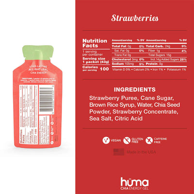 Back view of Huma Chia Energy Gel - Strawberries package showing nutrition facts and ingredients