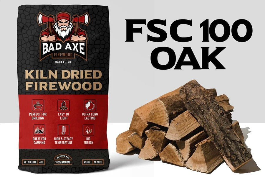 Bad Axe Oak Firewood — stacked oak hardwood logs, front view.