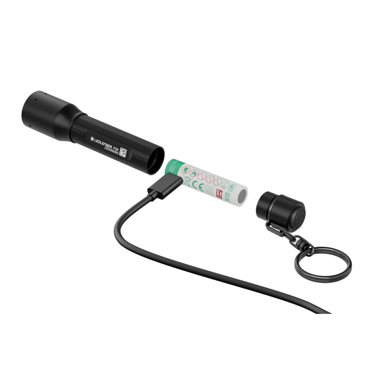P3R key flashlight showcasing rechargeable battery, USB-C charging, and durable aluminum body design.