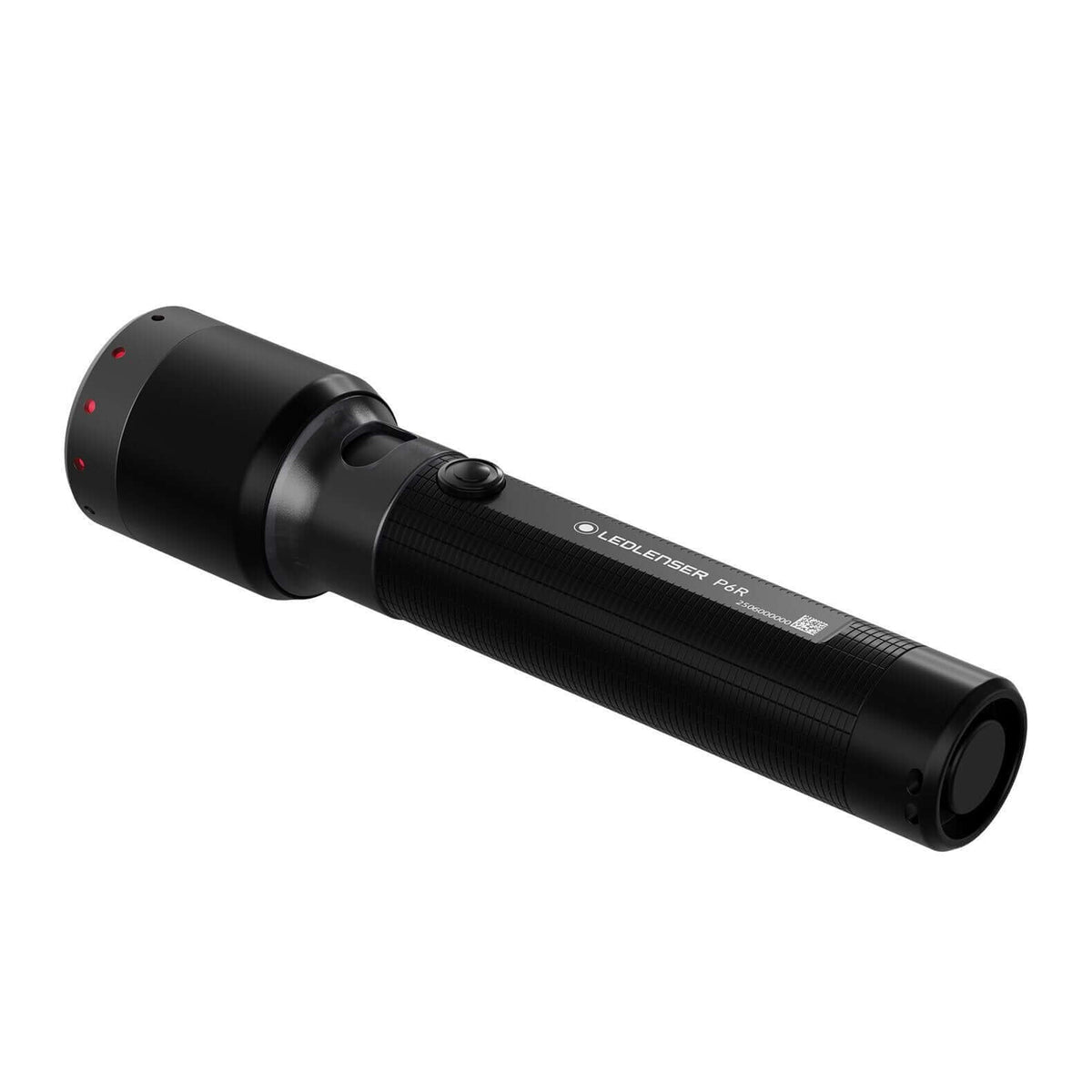 P6R flashlight showcasing its compact design, USB-C recharging, and seamless flood-to-spot focus feature.