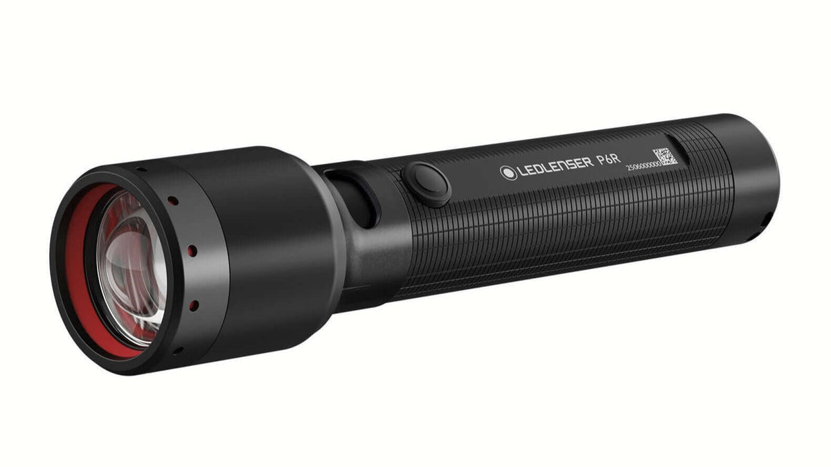 LEDLENSER P6R flashlight with focusable lens and front switch, featuring durable design and USB-C charging.