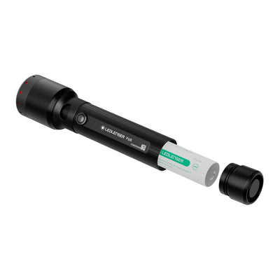 LEDLENSER P6R flashlight showing replaceable battery, compact and powerful with USB-C recharging.