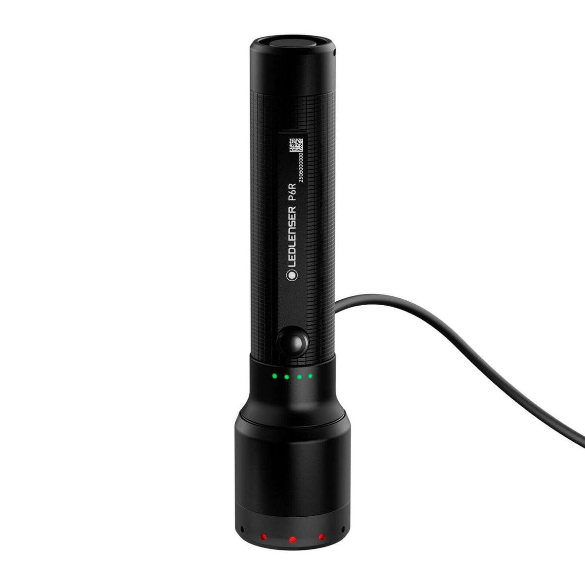 P6R rechargeable flashlight charging, versatile design, compact, powerful with USB-C and IP68 rating.
