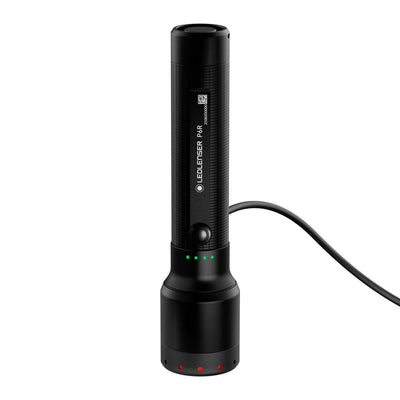 P6R rechargeable flashlight charging, versatile design, compact, powerful with USB-C and IP68 rating.