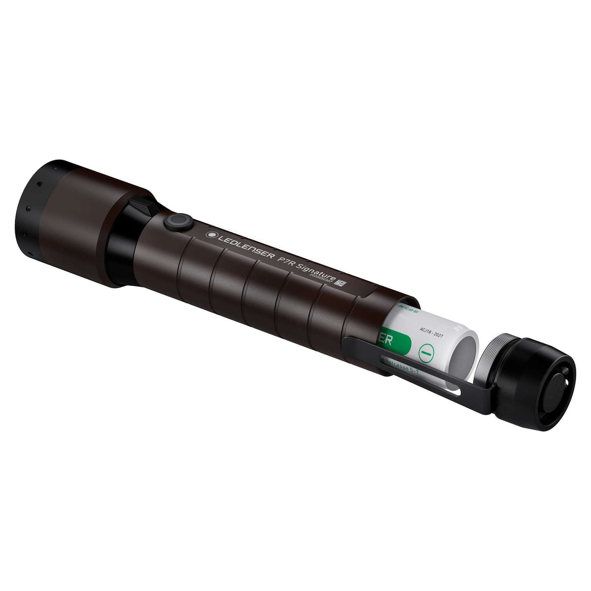 Ledlenser Flashlight P7R Signature Espresso Brown 2000lm showing battery compartment