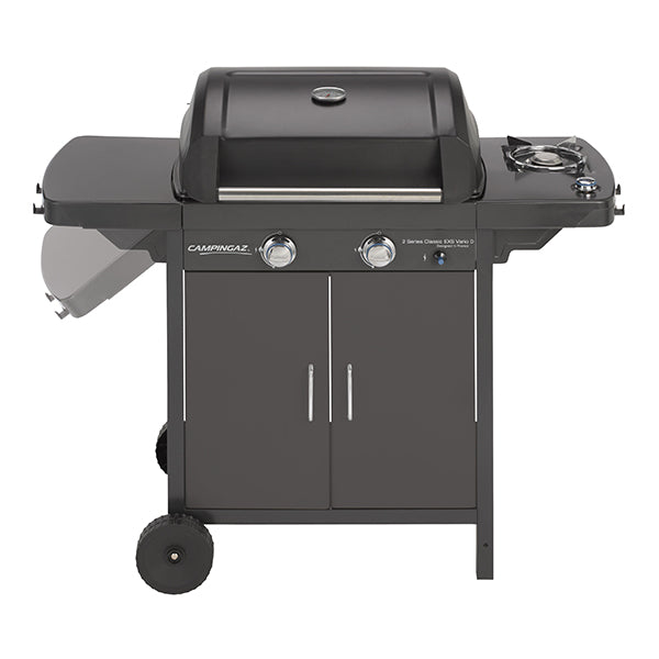 Campingaz 2 Series EXS Vario D Gas Grill with two burners and side shelf, ideal for outdoor cooking.