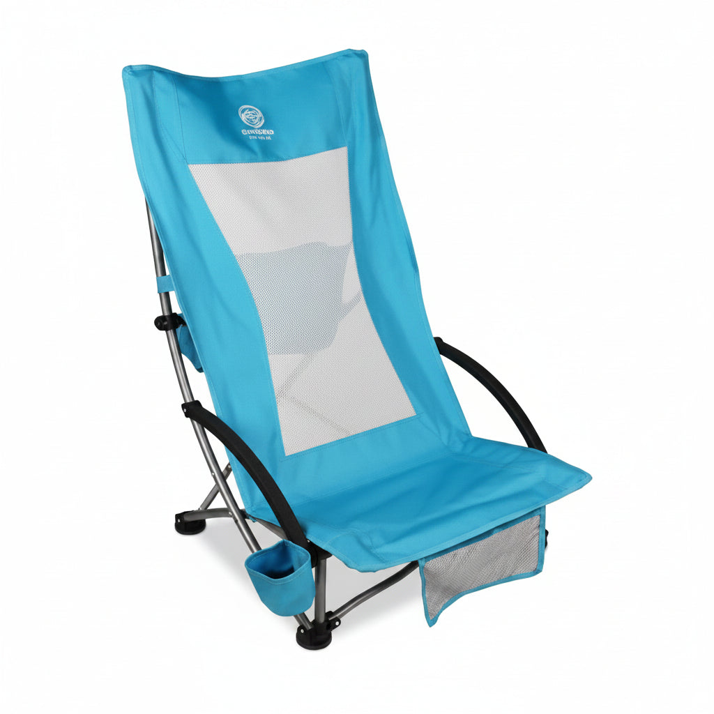 Blue Low Beach Chair featuring breathable mesh backrest and sturdy frame for outdoor relaxation.