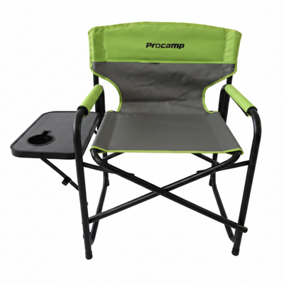 Excelsior Folding Director Chair in green and grey with side table for outdoor comfort and style.