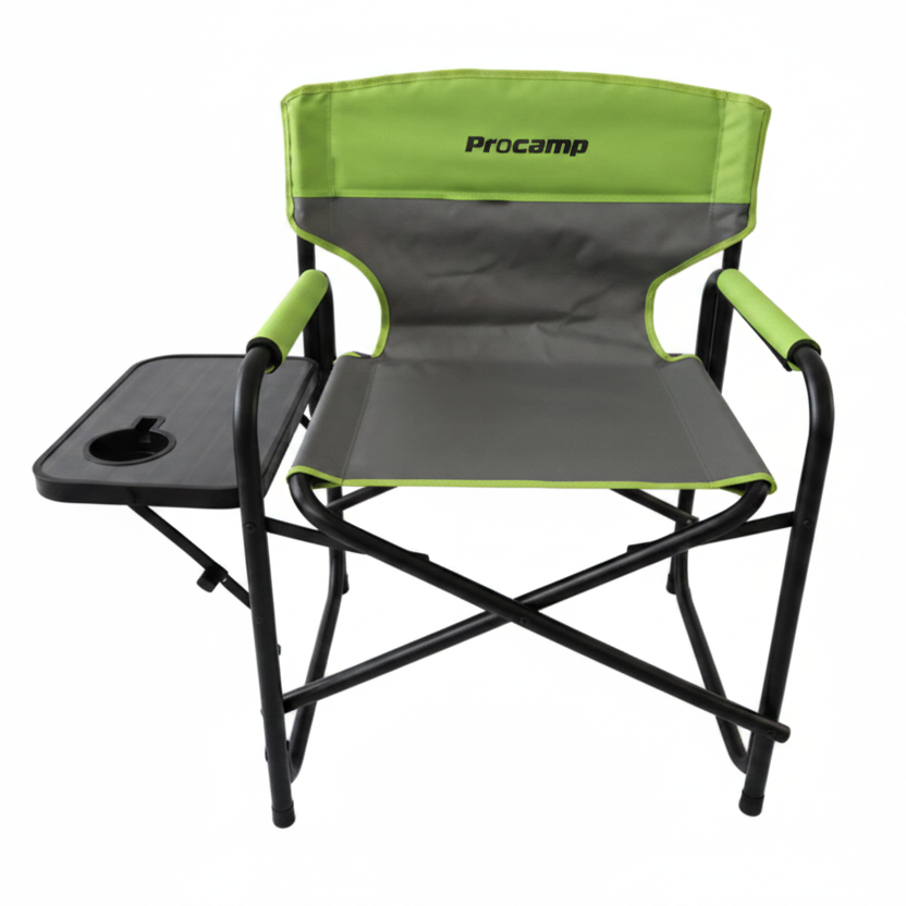 Excelsior Folding Director Chair in green and grey with side table for outdoor comfort and style.
