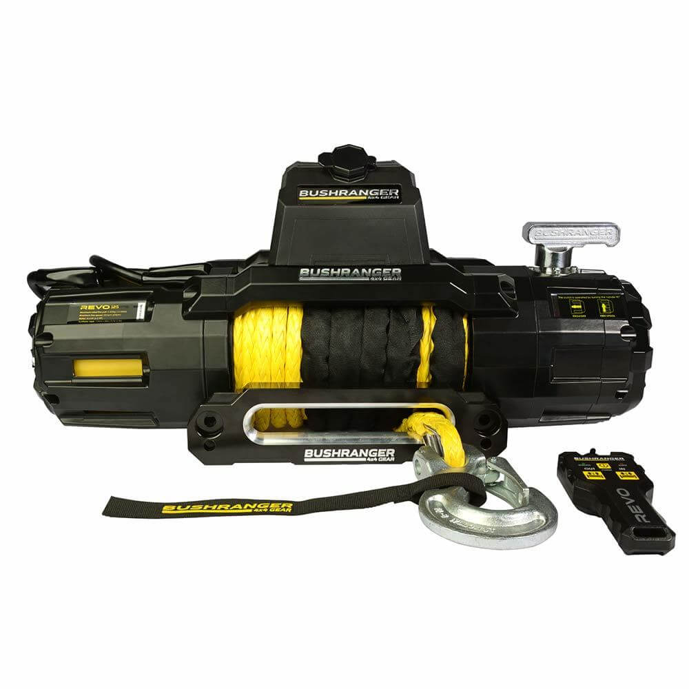Bushranger REVO Winch 12000lb Synthetic with yellow rope for 4x4 recovery.