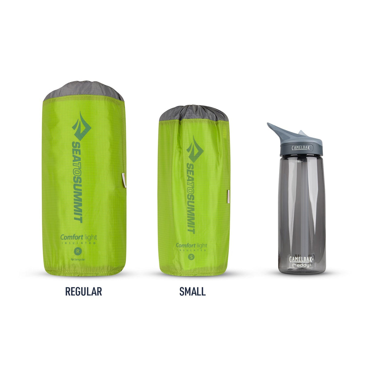 Sea to Summit Comfort Light Insulated Air Sleeping Mat in Regular size next to a small size and a CamelBak water bottle for scale.