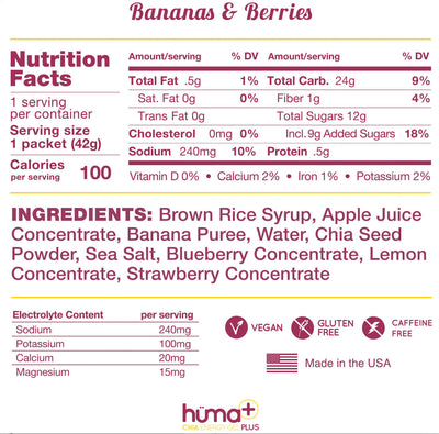 Huma Chia Energy Gel Plus - Bananas & Berries nutritional facts