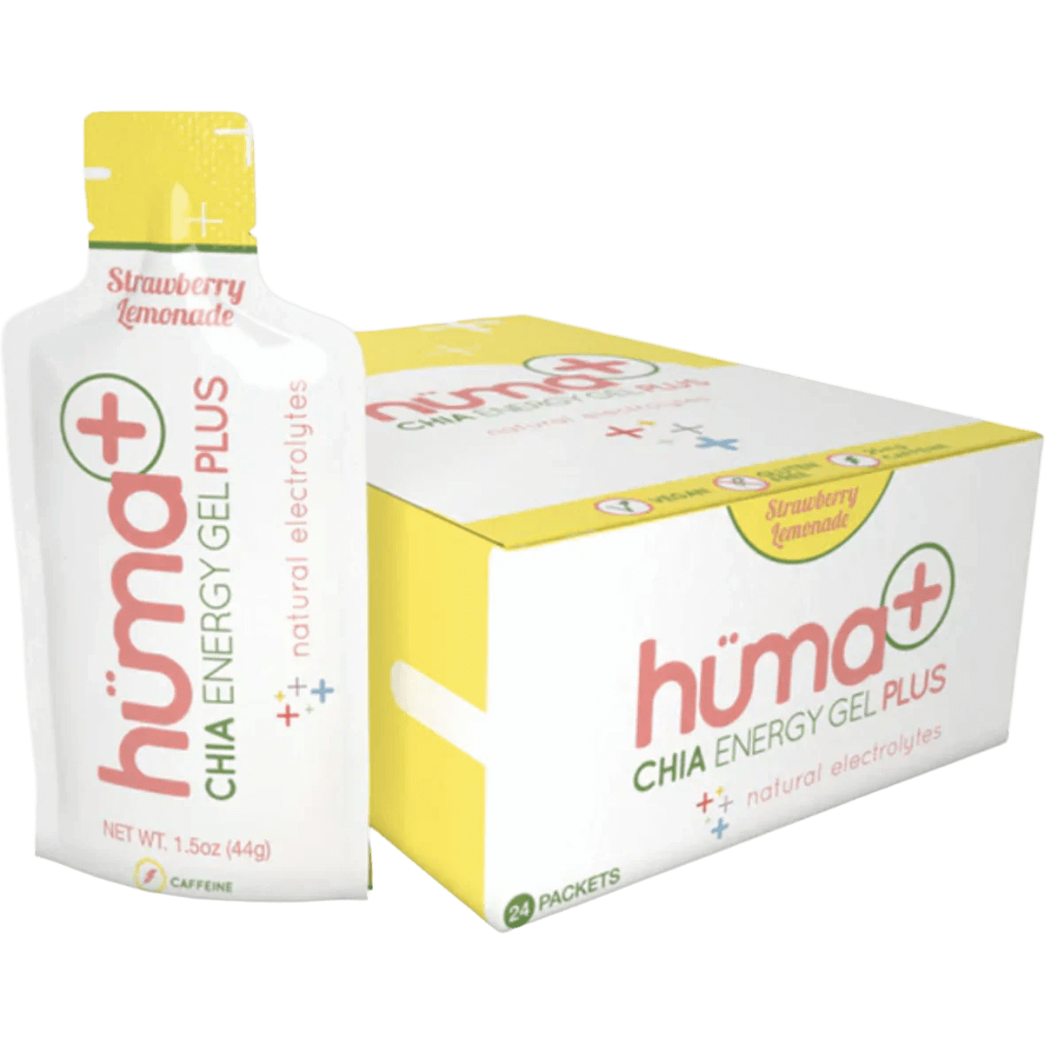 Huma Chia Energy Gel Plus - Strawberry Lemonade pack and sachet, natural electrolytes, 44g for outdoor adventures and athletic endurance.