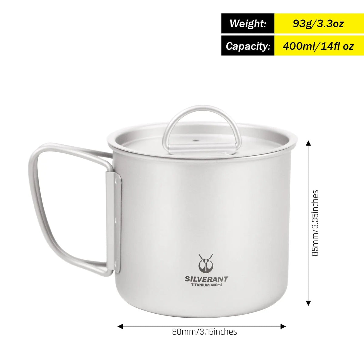 SilverAnt Ultralight Titanium Cup with Lid showing dimensions and weight details