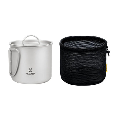 SilverAnt Ultralight Titanium Cup with Lid packed in its drawstring mesh bag
