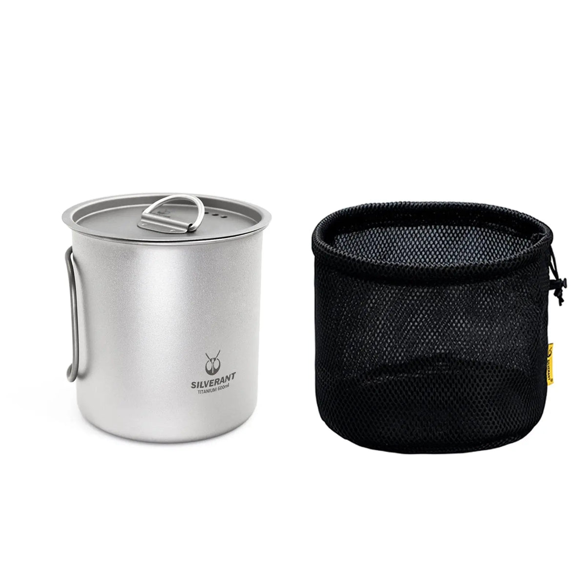 SilverAnt Ultralight Titanium Cup with Lid for outdoor adventures, essential camping gear with mesh carrying case