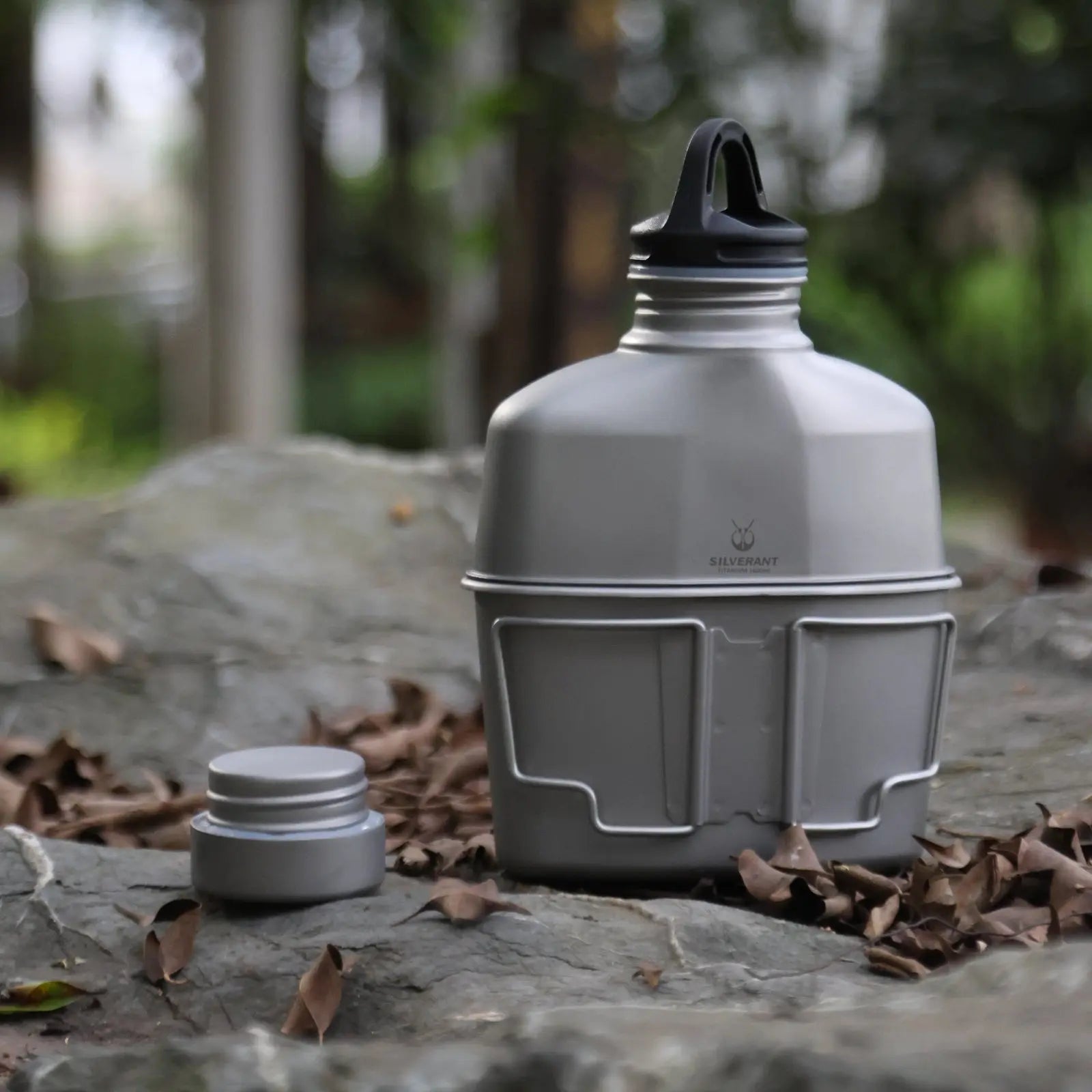 SilverAnt Titanium Canteen Military Mess Kit on rocky outdoor scene