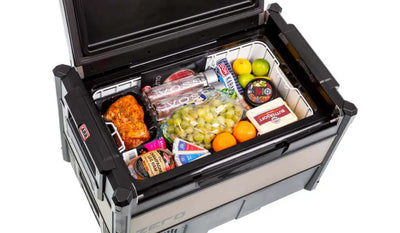 Open ARB Zero Portable Fridge Freezer Single Zone - 60L filled with food and drinks, perfect for outdoor adventures.