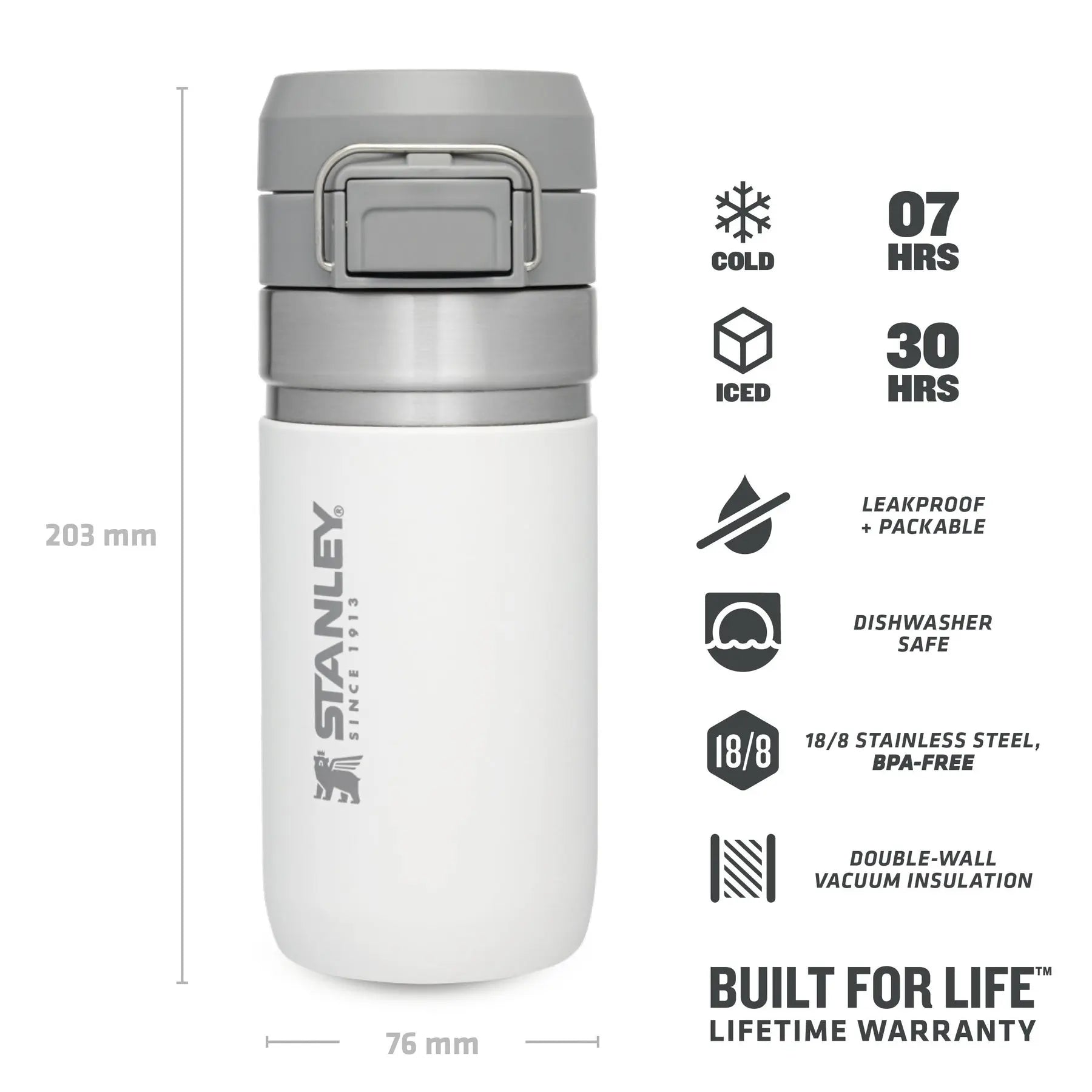 Stanley Go Quick Flip Water Bottle 16 oz with double-wall vacuum insulation and BPA-free stainless steel design.