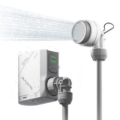 Flextail Tiny Shower portable pump and shower head front view.