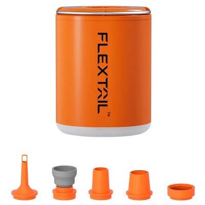 Flextail Tiny Pump 2X 3in1 mini inflator, vacuum pump, and camping lantern in orange with attachments