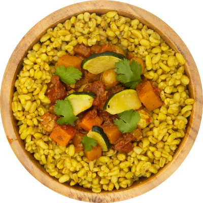 Dine Out Meals Vegetable Tagine with Bulgur Wheat featuring chickpeas, zucchini, butternut squash, and green beans in a spiced sauce.