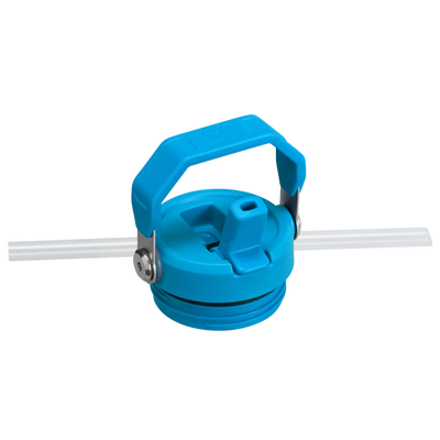 Blue flip straw lid of Stanley IceFlow Bottle with Flip Straw Lid, highlighting the folding handle feature for easy carrying.