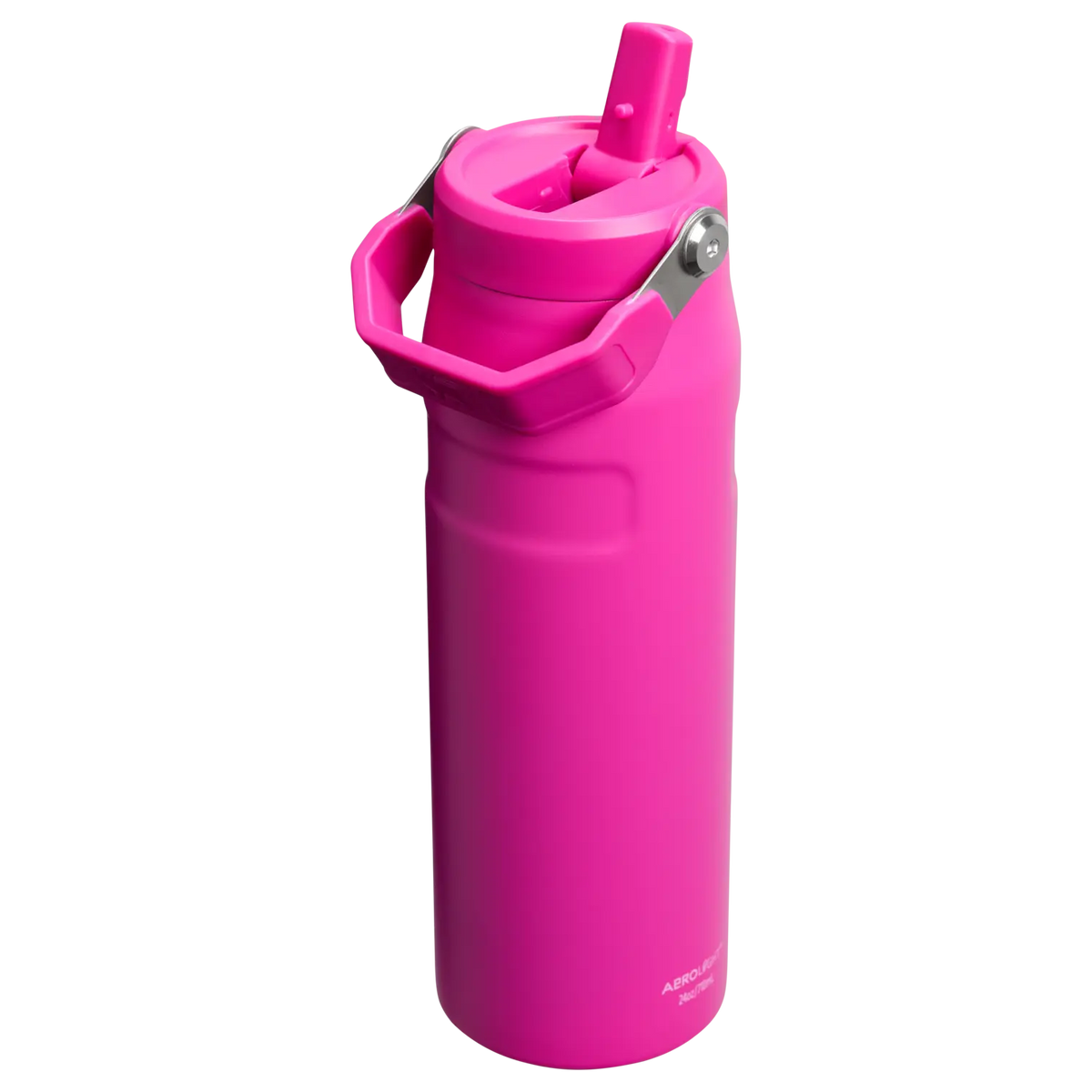 Stanley IceFlow Bottle with Flip Straw Lid in pink, lightweight 24 oz bottle for hydration with folding carry handle.