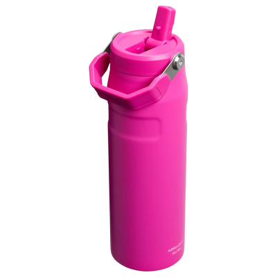 Stanley IceFlow Bottle with Flip Straw Lid in pink, lightweight 24 oz bottle for hydration with folding carry handle.