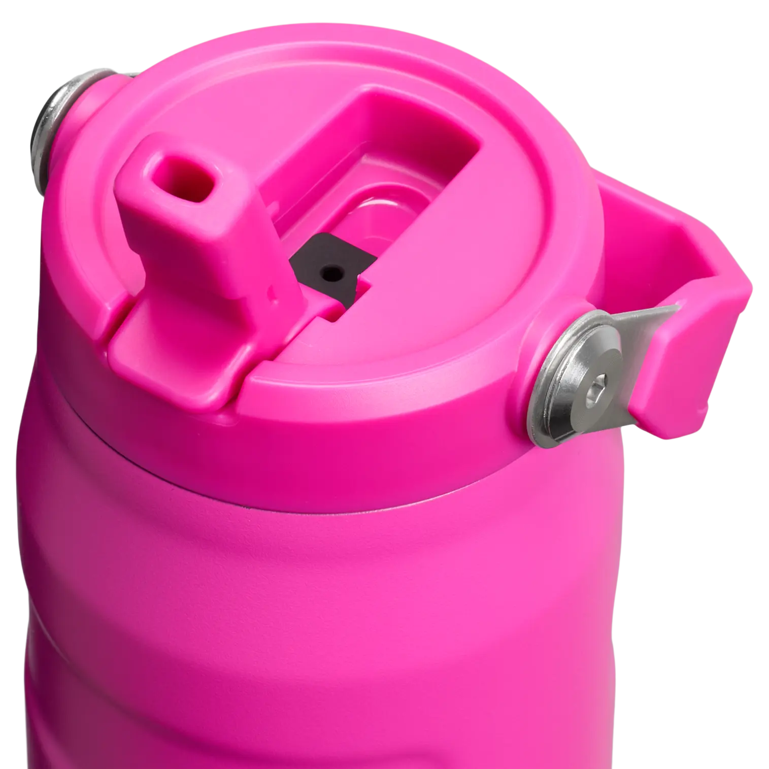 Stanley IceFlow Bottle with Flip Straw Lid in pink color, featuring a convenient flip straw and folding carry handle for easy use.