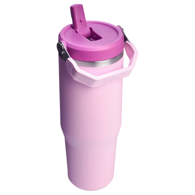 Pink Stanley IceFlow Flip Straw Tumbler 30 oz with handle and flip straw, double-wall insulation for long-lasting cold beverages.