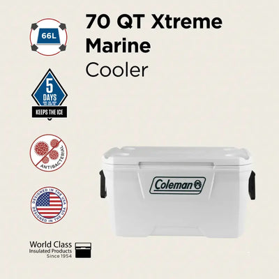Coleman Xtreme Marine 70Qt Cooler with 66L capacity, anti-microbial liner, and 5-day ice retention for outdoor adventures.