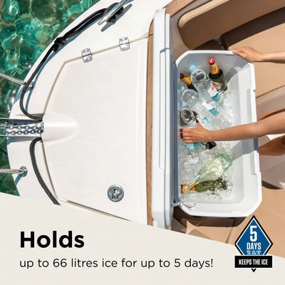 Coleman Xtreme Marine 70Qt cooler filled with ice and drinks, showcasing 66L capacity, ideal for UAE outdoor adventures, keeps ice 5 days.
