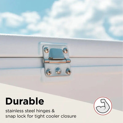 Durable hinge and snap lock on Coleman Xtreme Marine 70Qt cooler for secure closure under Middle Eastern sun.