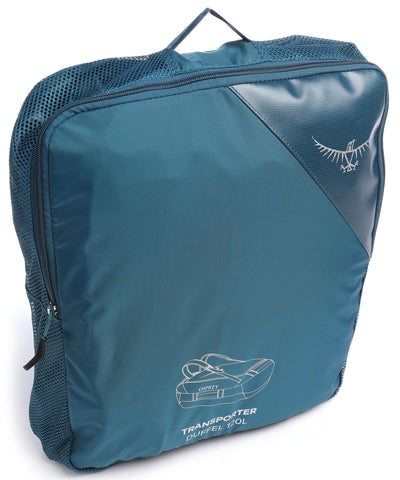 Osprey Transporter Duffel 120 in teal, weather-resistant travel gear bag with rugged design and stowaway harness.