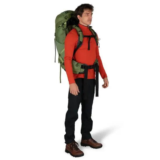 Man wearing Osprey Atmos AG 50 - Men backpack, ideal for comfortable multi-day trips with AntiGravity suspension for men.