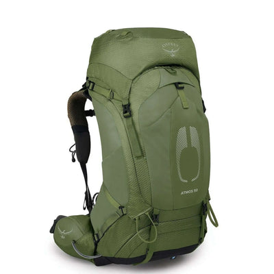 Osprey Atmos AG 50 - Men backpack for weekend trips, featuring AntiGravity suspension and superior ventilation in green color.