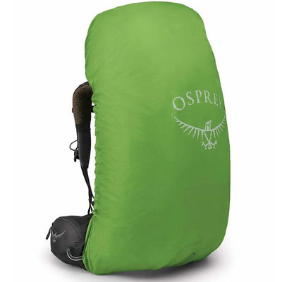 Osprey Atmos AG 65 - Men backpack with green rain cover, featuring AntiGravity suspension for comfort and ventilation.