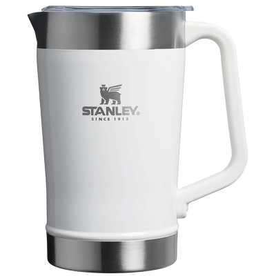 Classic Stay Chill Beer Pitcher - 64 oz / 1.9 L in white stainless steel with handle for easy serving.