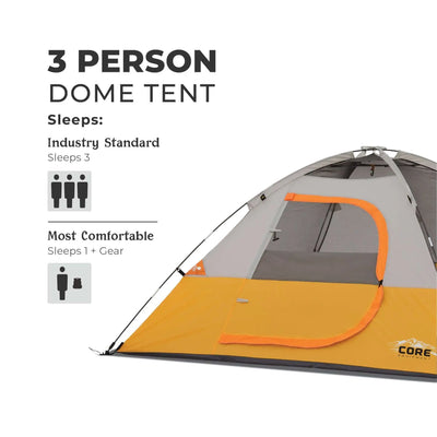3 Person Dome Backpacking Tent - 7' x 7' showing sleeping capacity and comfort level features.