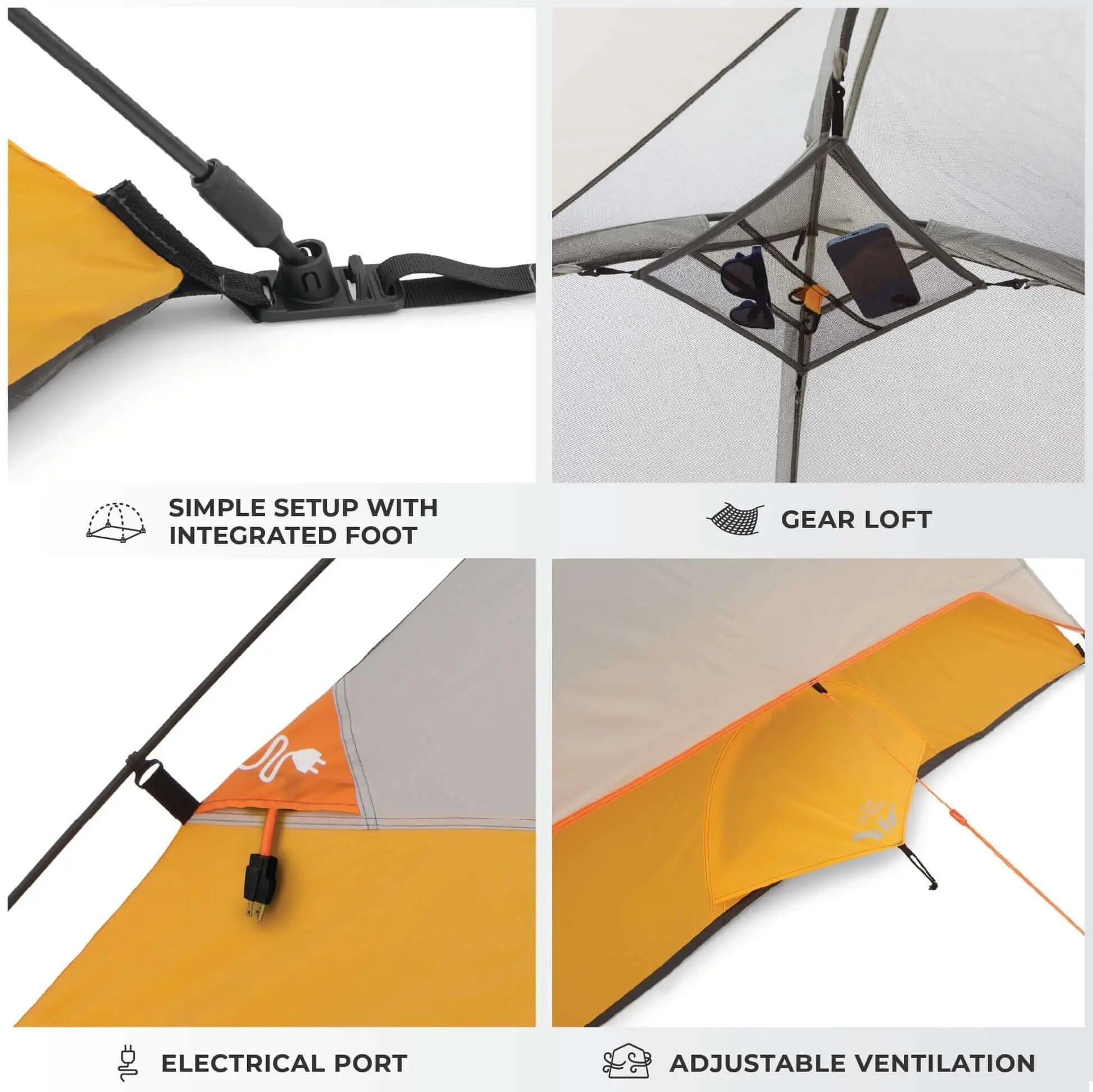 Features of 3 Person Dome Backpacking Tent - 7' x 7': simple setup, gear loft, electrical port, adjustable ventilation.