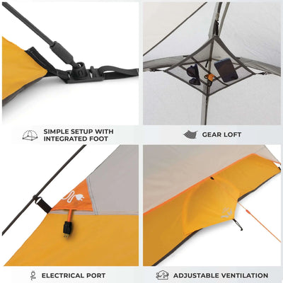 Features of 3 Person Dome Backpacking Tent - 7' x 7': simple setup, gear loft, electrical port, adjustable ventilation.