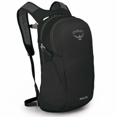 Osprey Daylite backpack in black, durable and lightweight for hiking and travel, made from recycled materials.