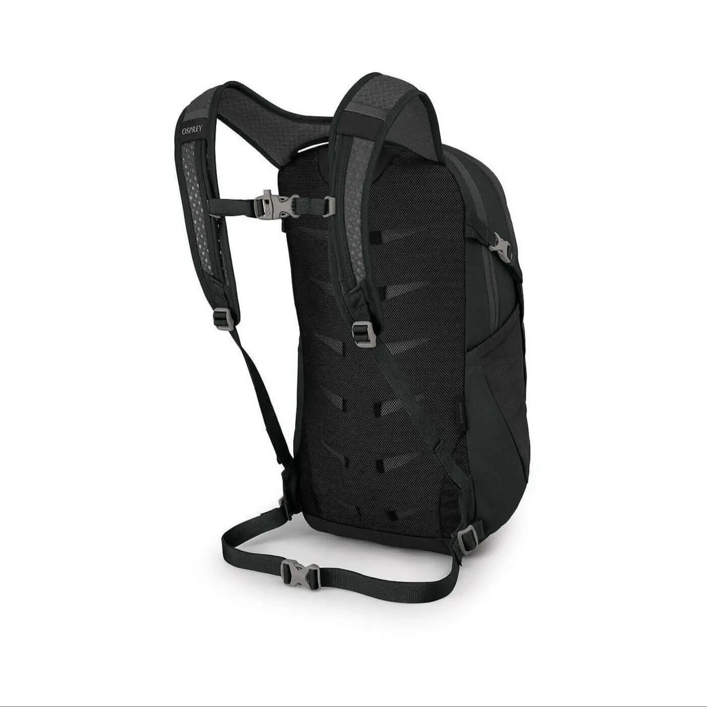 Osprey Daylite backpack, featuring durable recycled fabrics and versatile attachment options, shown in black.