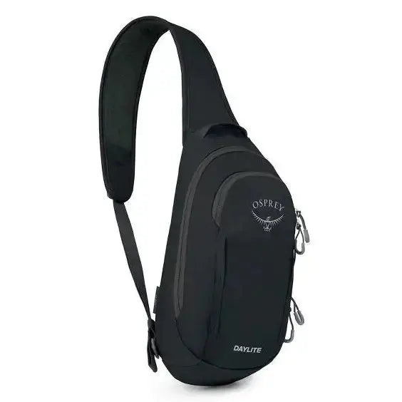 Osprey Daylite Sling in black with cell phone sleeve, dual zippers, daisy chain, and soft spacermesh. Ambidextrous design.