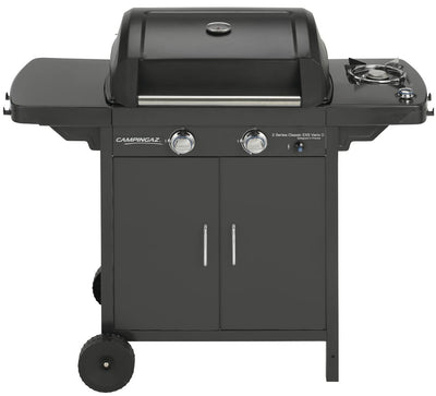 Campingaz 2 Series EXS Vario D Gas Grill with dual burners and side table for outdoor cooking.