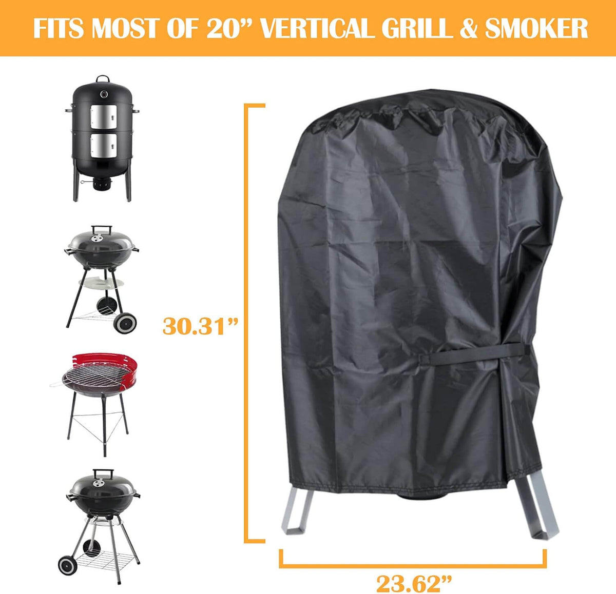 Realcook 20-Inch BBQ Smoker Cover fitted securely over a barbecue setup during a camping trip.