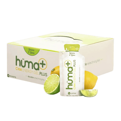 Huma Chia Energy Gel Plus - Lemons and Limes, 42g packet, natural endurance gel with balanced electrolytes for athletes.