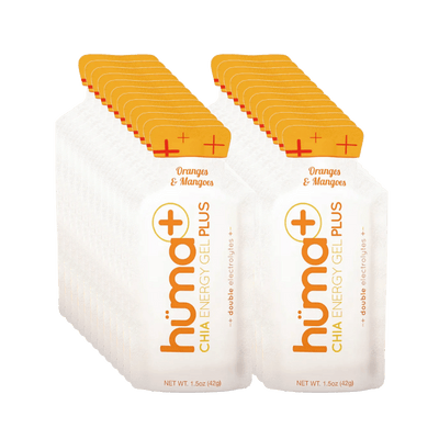 Huma Chia Energy Gel Plus - Orange & Mango pack, ideal for outdoor activities in the UAE, 42g sachets with double electrolytes.