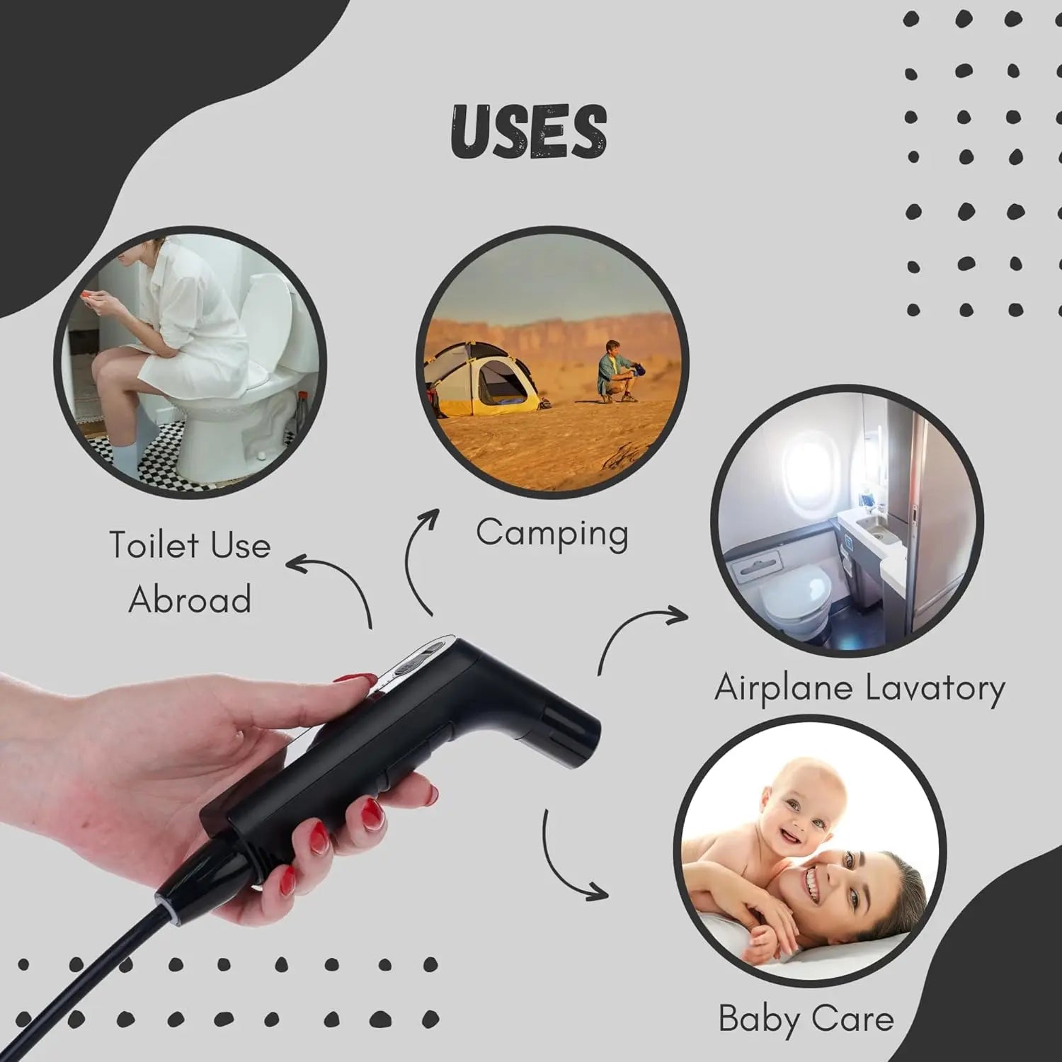 Image showing various uses of Hygiene Collective Bliss, a portable bidet for toilet use abroad, camping, airplane lavatory, and baby care.
